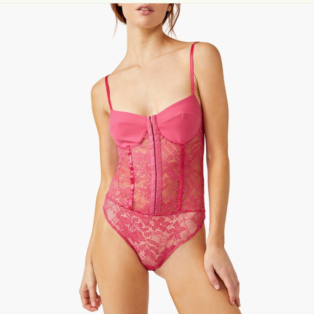 NWT Intimately FP Lace Night Rhythm Thong Bodysuit X-Small, RASPBERRY SORBET